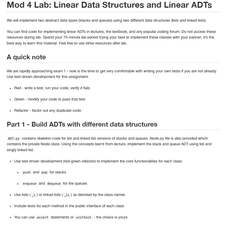 Need correct code for ADT.py Mod 4 Lab: Linear Data Structures and