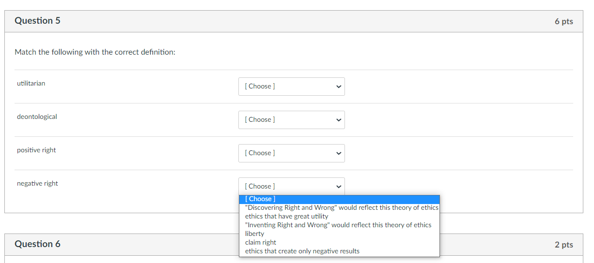 Please match with the definitions in the drop down menu Question 5