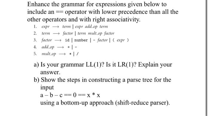  + Enhance the grammar for expressions given below to include an