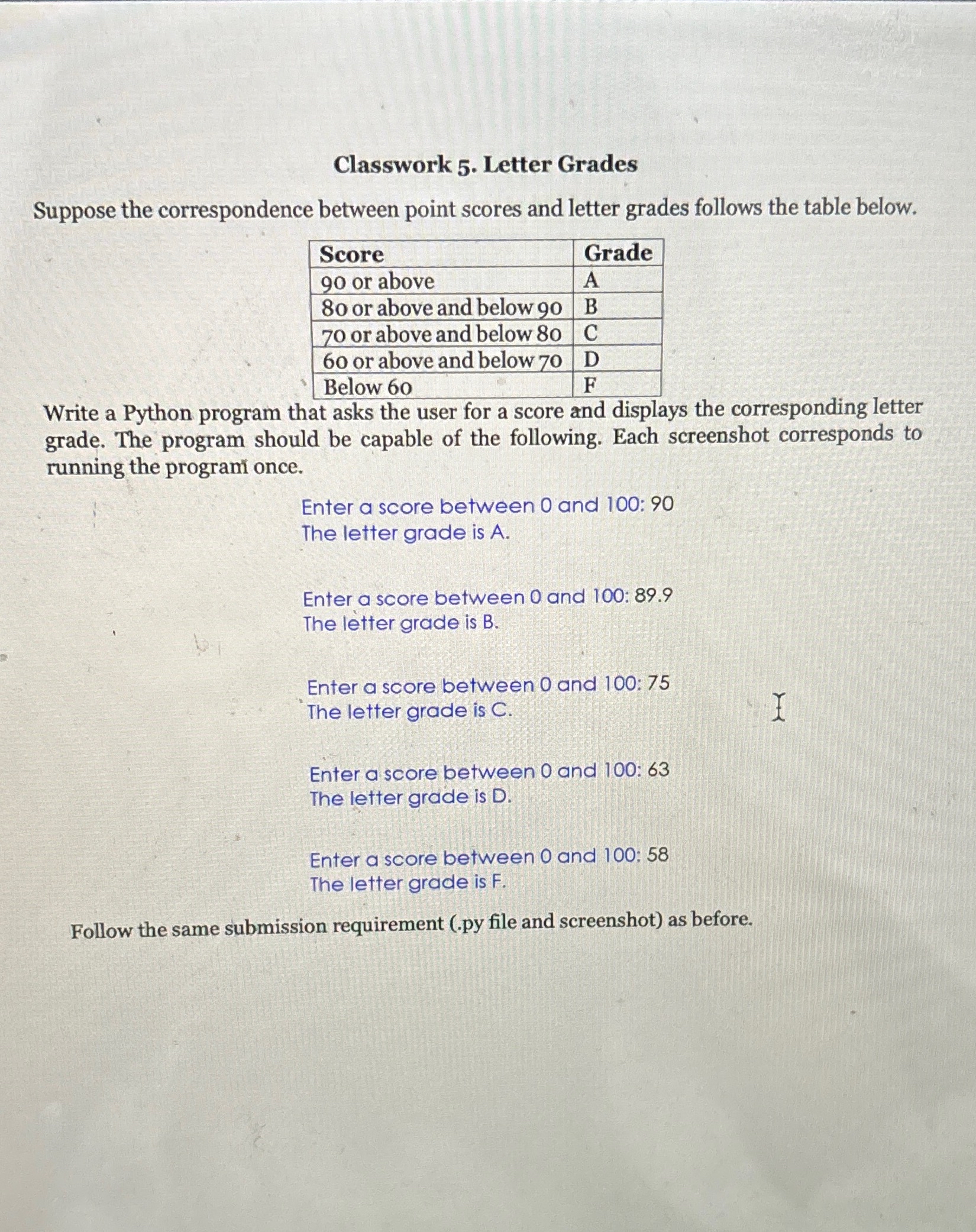  Classwork 5. Letter Grades Suppose the correspondence between point scores and