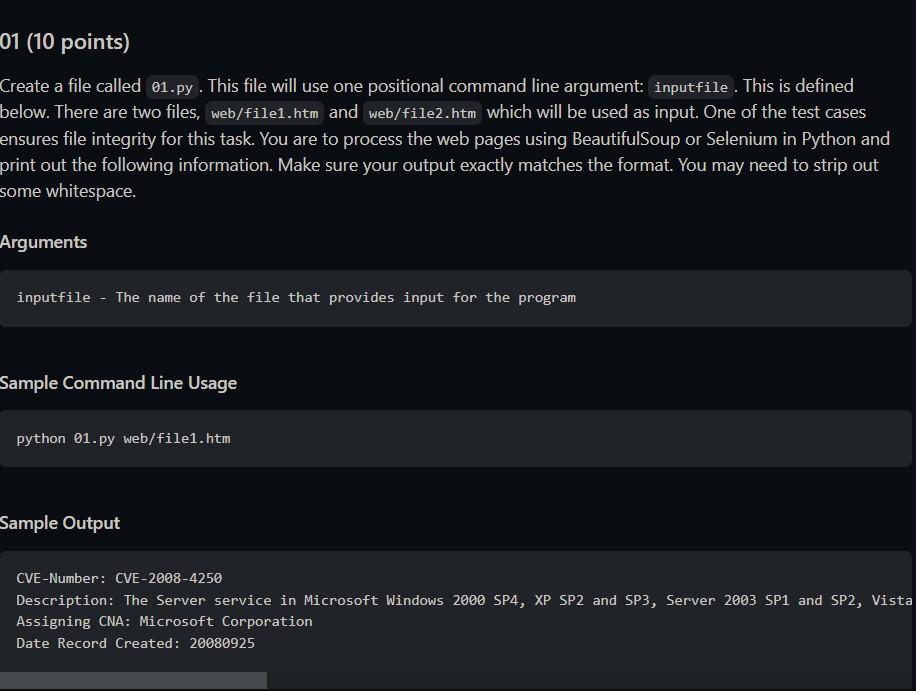  01 (10 points) Create a file called 01.py. This file will