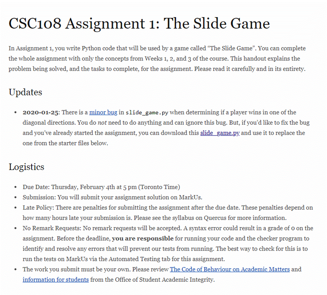CSC108 Assignment 1:The Slide Game In Assignment 1, You Write Python