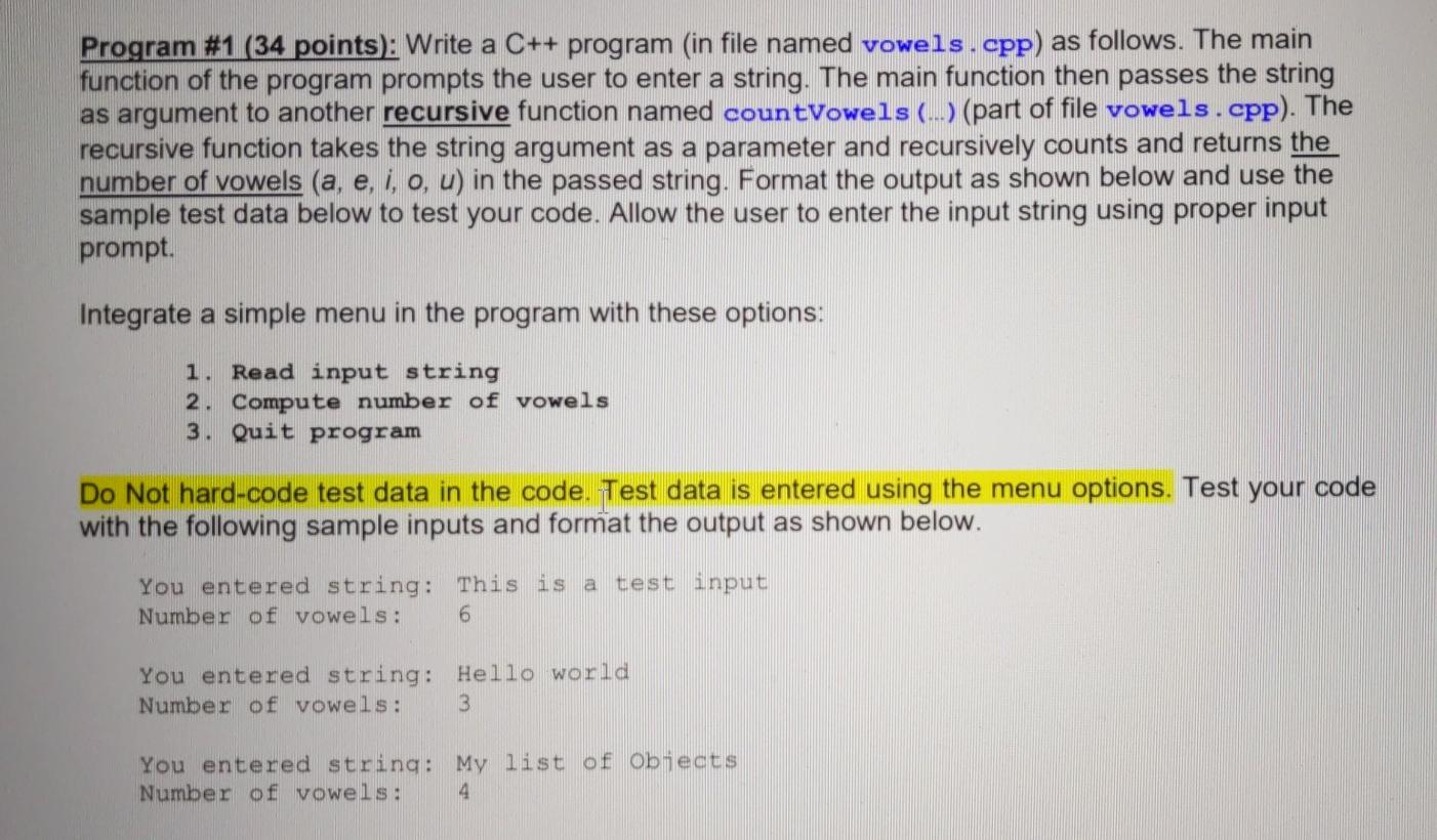  Program #1 (34 points): Write a C++ program (in file named