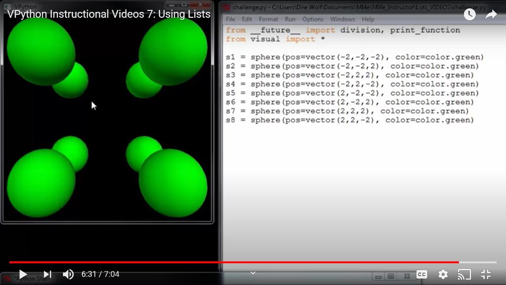 The challenge activity is: "This program creates eight green spheres located at