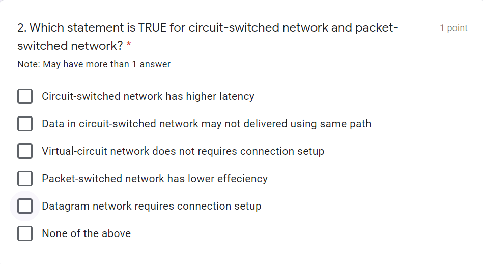  1 point 2. Which statement is TRUE for circuit-switched network and