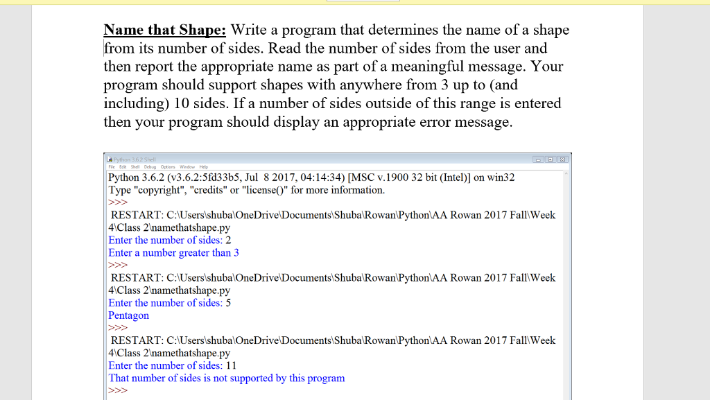 Help Python! Name that Shape: Write a program that determines the name