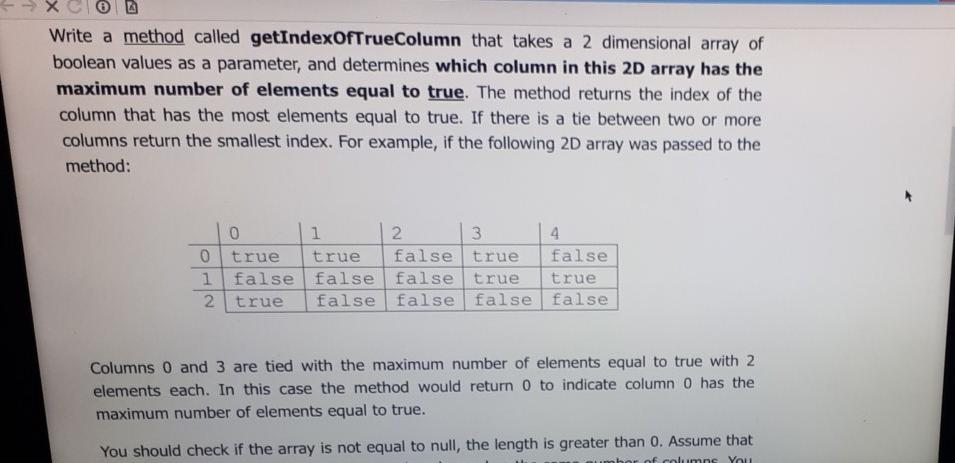  Write a method called getIndexOfTrueColumn that takes a 2 dimensional array