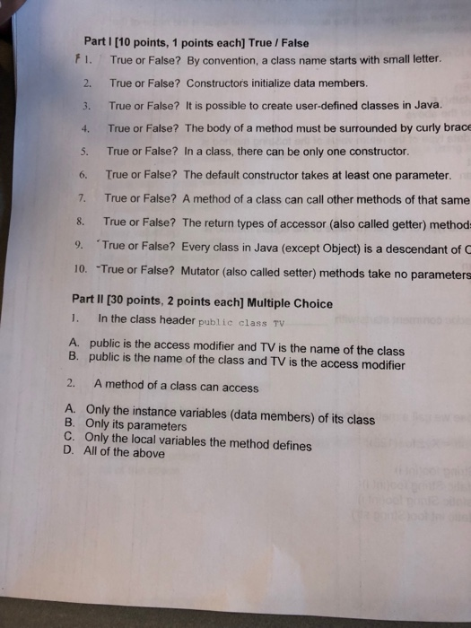  ALL QUESTIONS PLEASE ASAP Part 10 points, 1 points each] True