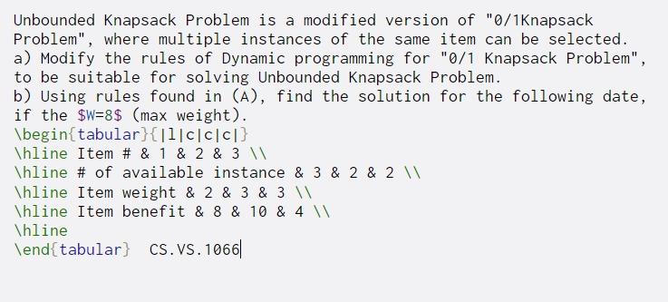  Unbounded Knapsack Problem is a modified version of "0/1Knapsack Problem", where