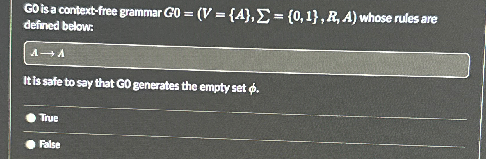  CO is a context-free grammar )={A},=({0,1},R,A whose rules are defined below: