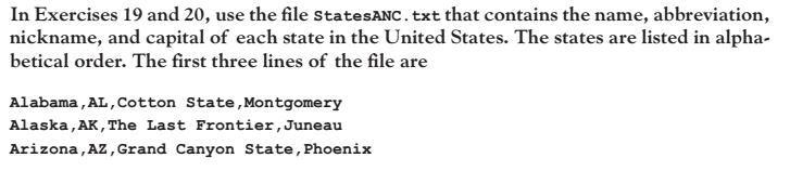 Using python, write code for problem. The text file StatesANC.txt is used