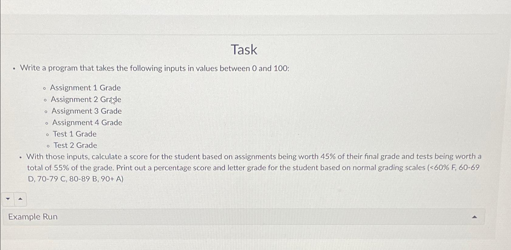  Task Write a program that takes the following inputs in values