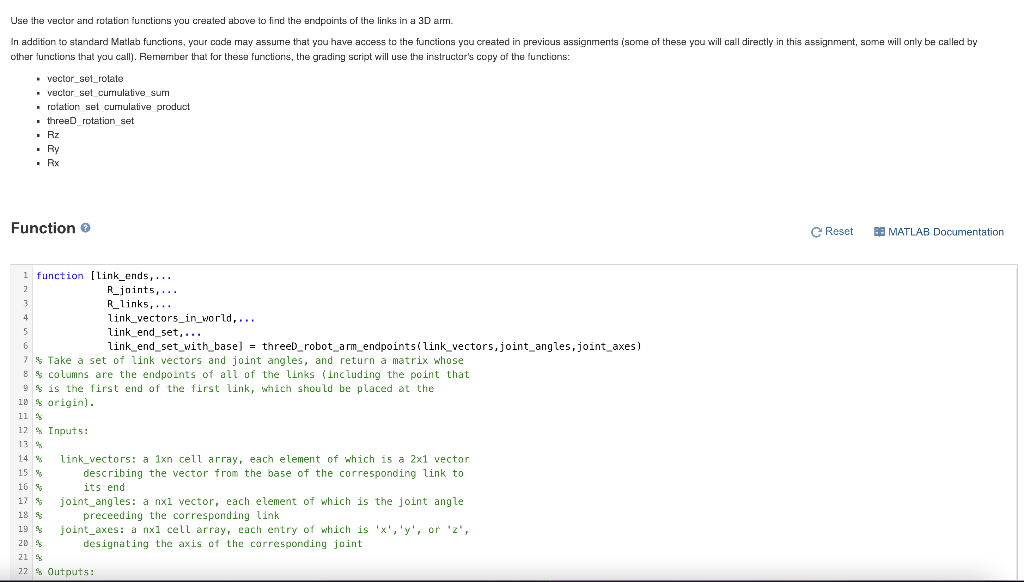  Need MATLAB code, green is instructions. Use the vector and rotation