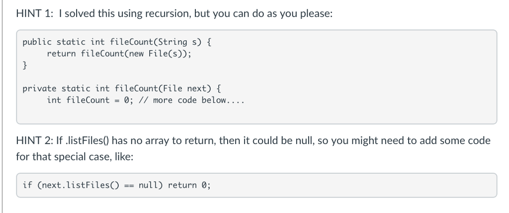 method fileCount that accepts a String representing a path on your computer