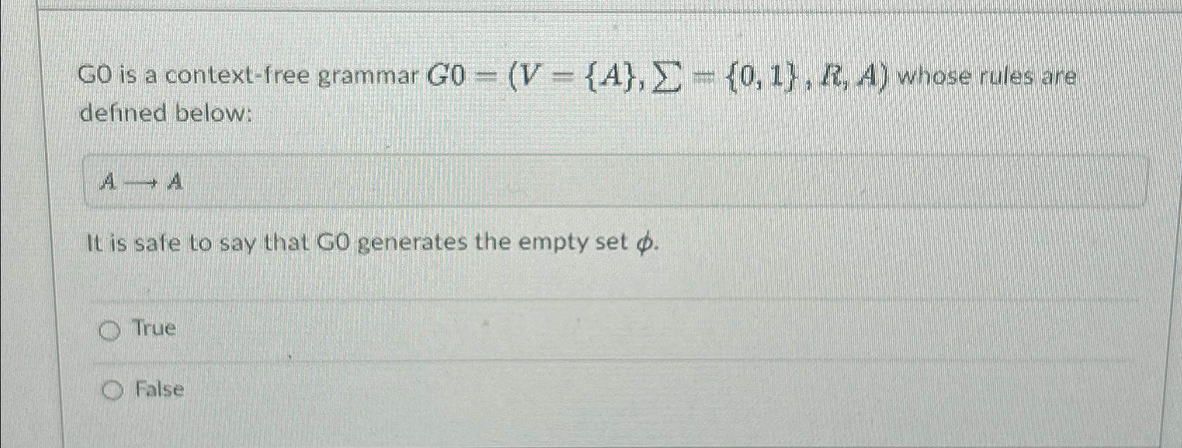  GO is a context-free grammar )={A},=({0,1},R,A whose rules are defined below: