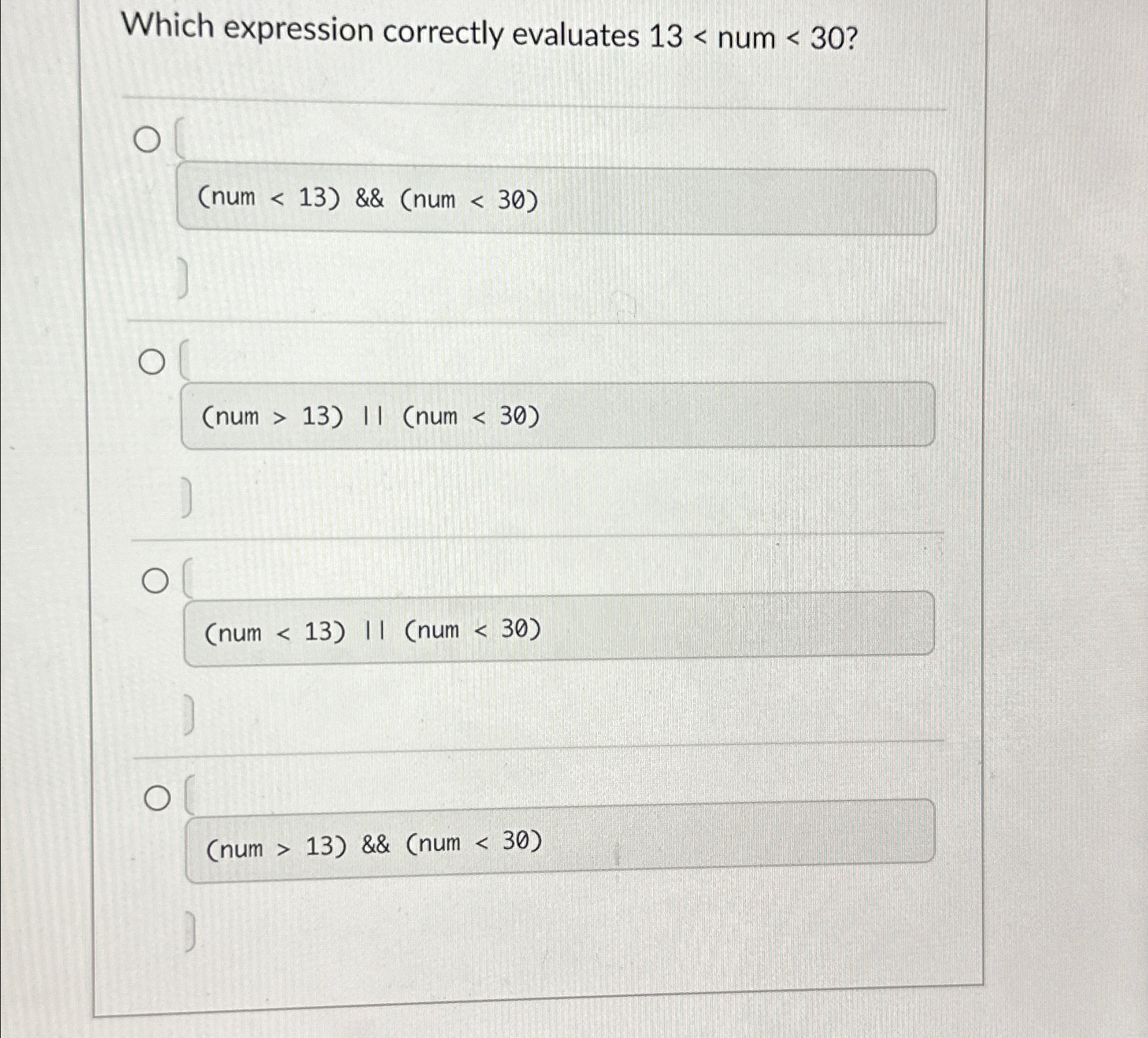  Which expression correctly evaluates 13 num 30? num 13) & num