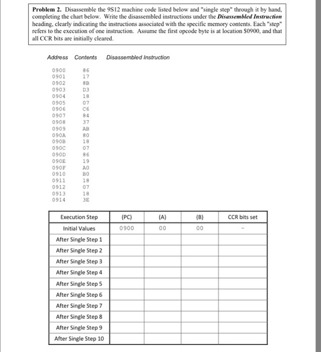  Disassemble the 9S12 machine code listed below and "single step" through