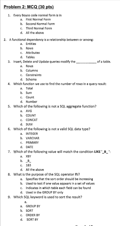  Problem 2: MCQ (30 pts) 1. Every Boyce code normal form