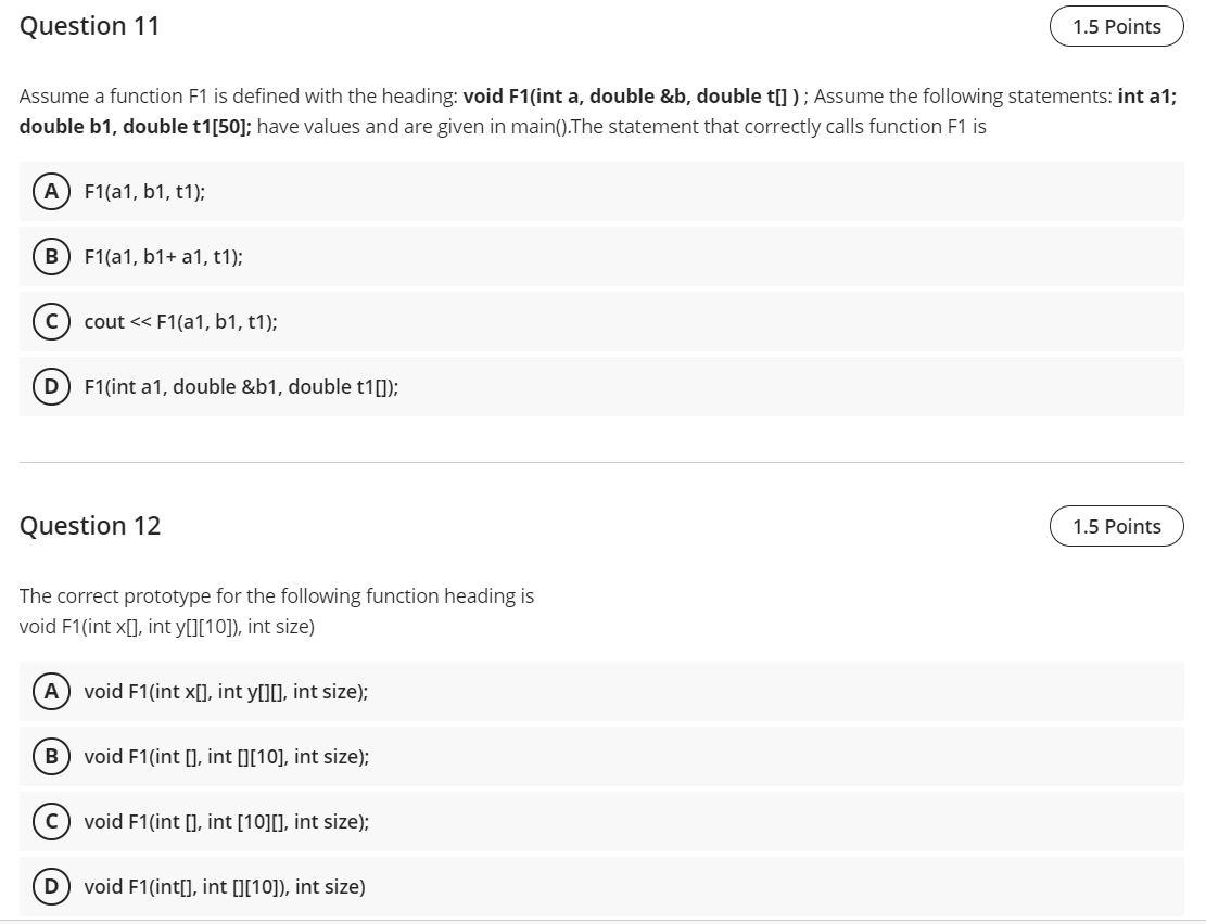 q 12 (++c) Question 11 1.5 Points Assume a function F1 is