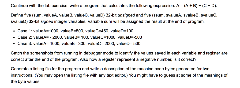 Assembly Language x86 Processors Lab Exercise answer: Continue with the lab exercise,