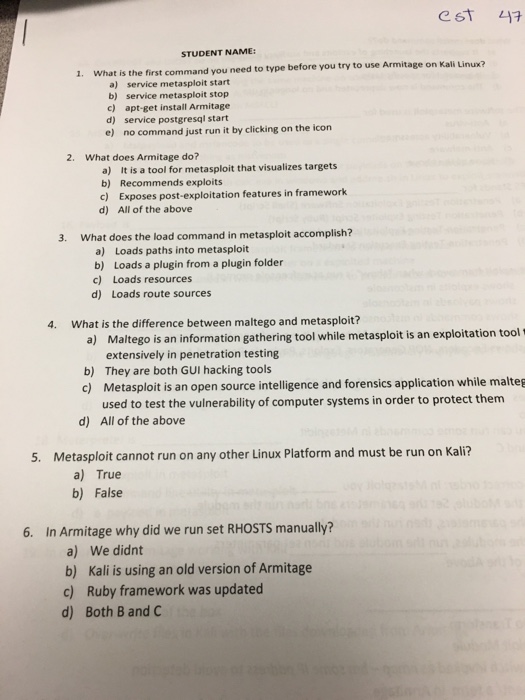 a) kali command, shows root id b) linux command, shows msfadmin id