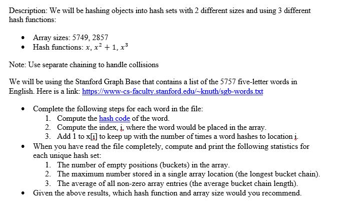  Description: We will be hashing objects into hash sets with 2