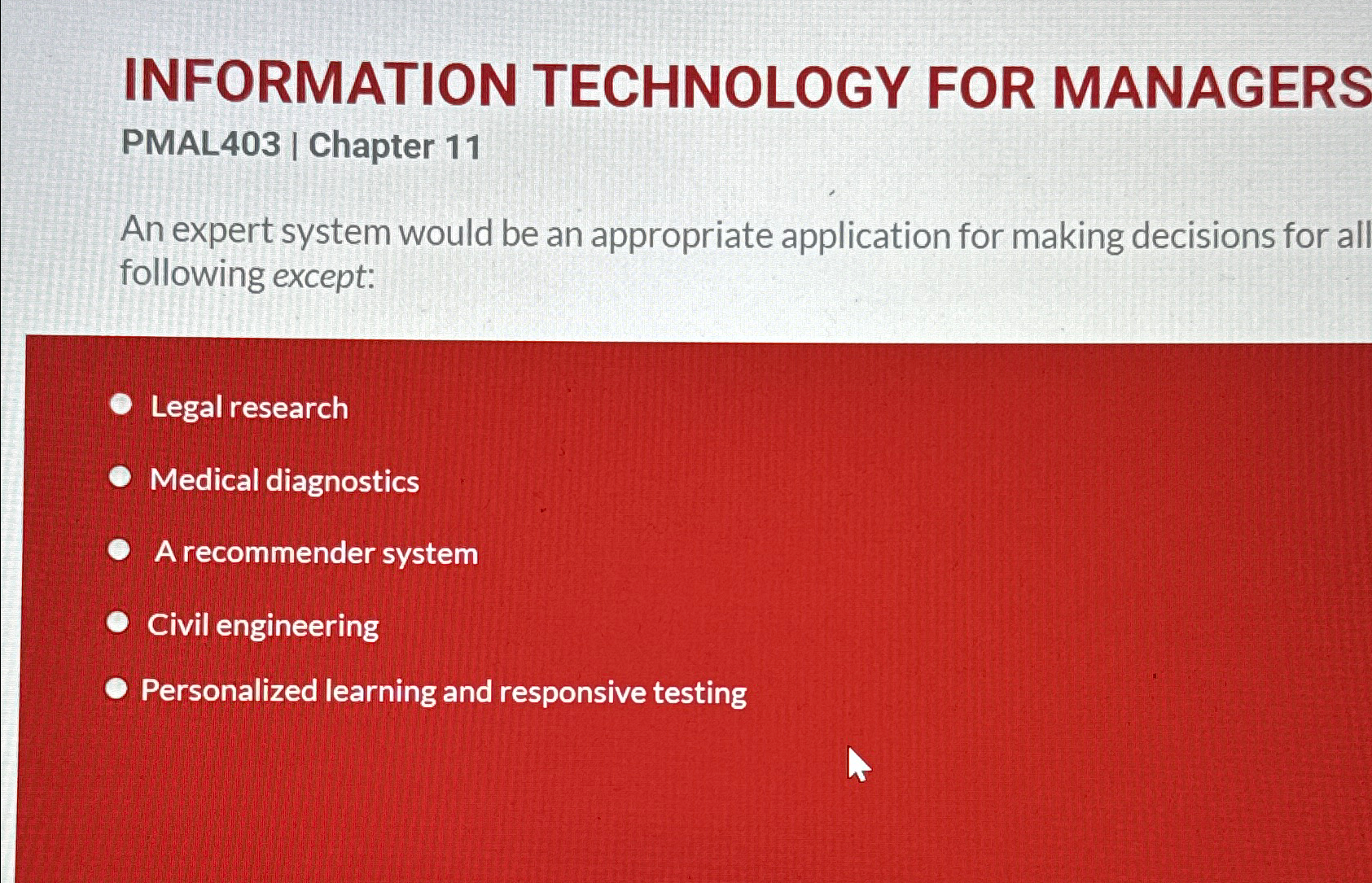  INFORMATION TECHNOLOGY FOR MANAGERS PMAL403| Chapter 11 An expert system would