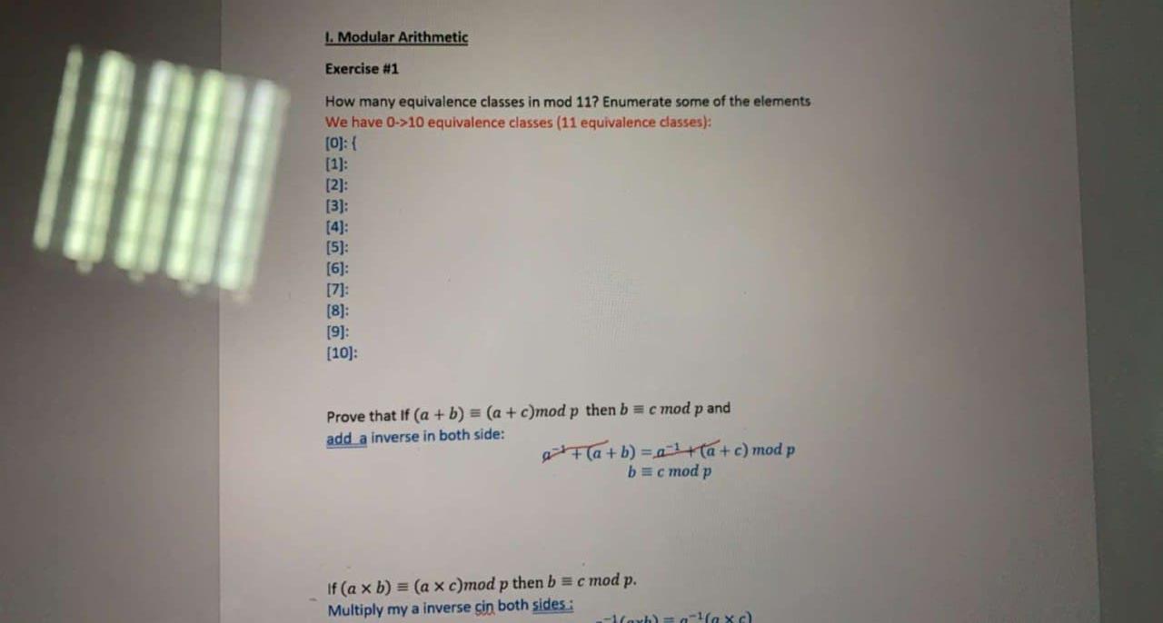  I. Modular Arithmetic Exercise #1 How many equivalence classes in mod