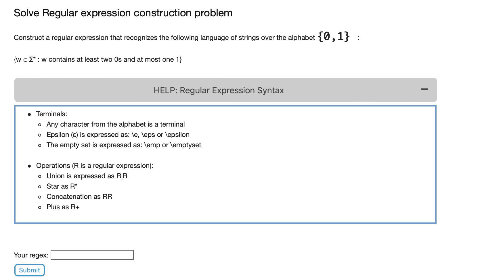  Solve Regular expression construction problem Construct a regular expression that recognizes