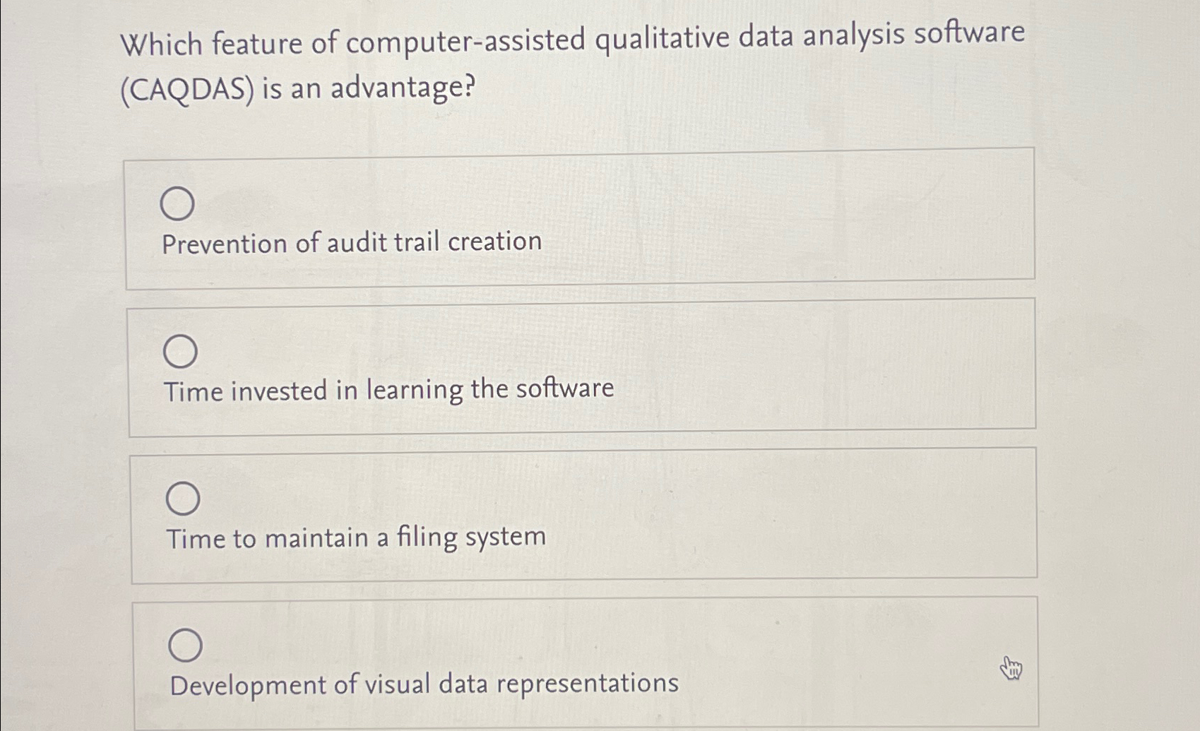  Which feature of computer-assisted qualitative data analysis software (CAQDAS) is an