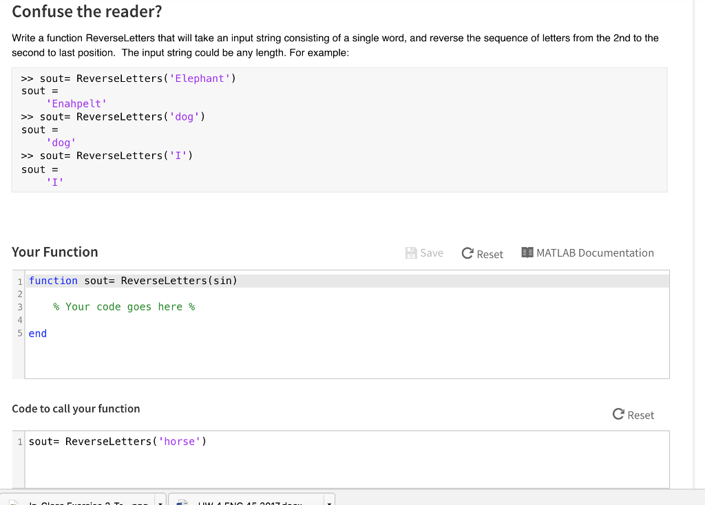 MATLAB Confuse the reader? Write a function ReverseLetters that will take an
