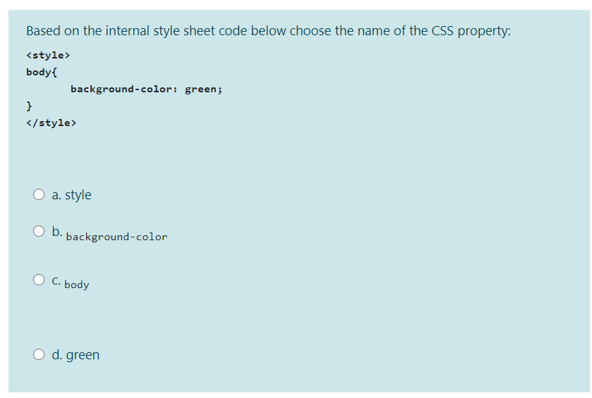 PLZ help me Based on the internal style sheet code below choose