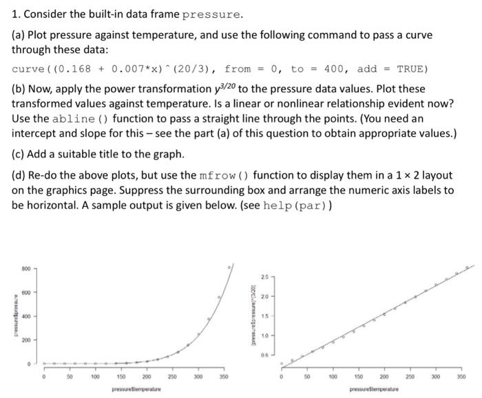 R program 1. Consider the built-in data frame pressure. (a) Plot pressure