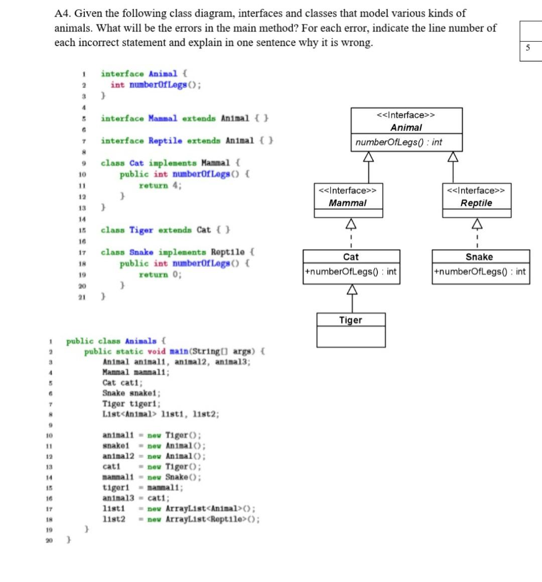  A4. Given the following class diagram, interfaces and classes that model