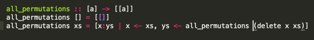 Please help with this Haskell permutations function (not allowed to use built-in