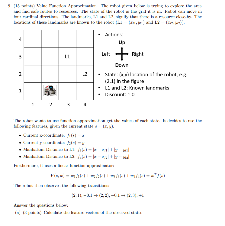 9. (15 points) Value Function Approximation. The robot given below is