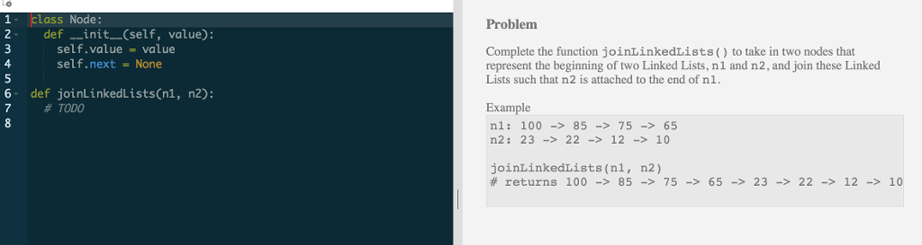 Complete the function joinLinkedLists() to take in two nodes that represent the