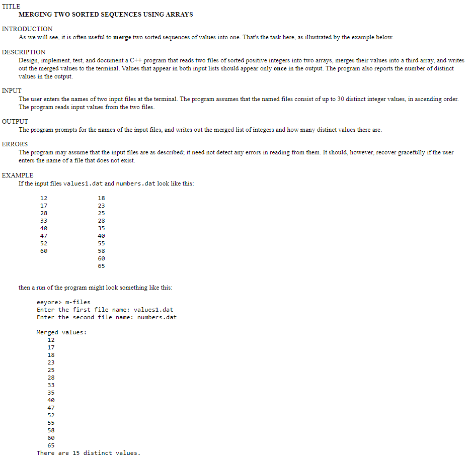  TITLE MERGING TWO SORTED SEQUENCES USING ARRAYS INTRODUCTION As we will