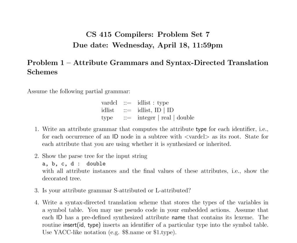  CS 415 Compilers: Problem Set 7 Due date: Wednesday, April 18,