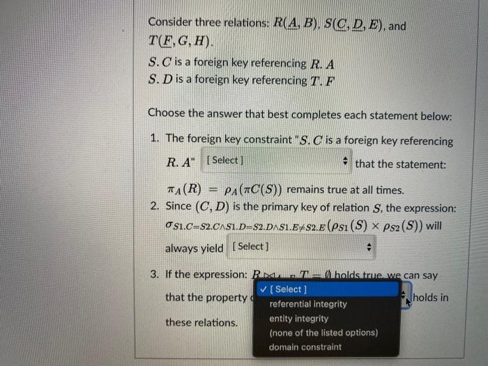 The foreign key constraint "S.C is a foreign key referencing R. A"