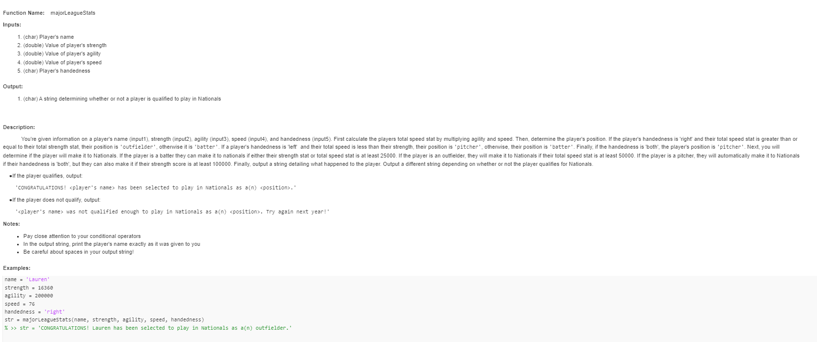MATLAB Description: - If the player qualifies, output: - If the player