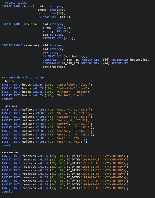  --create tables CREATE TABLE boats bid integer bname char (20), color