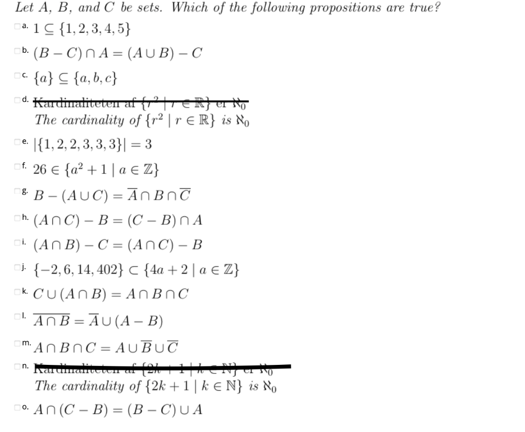 C. d. e. f. Let A, B, and C be sets.