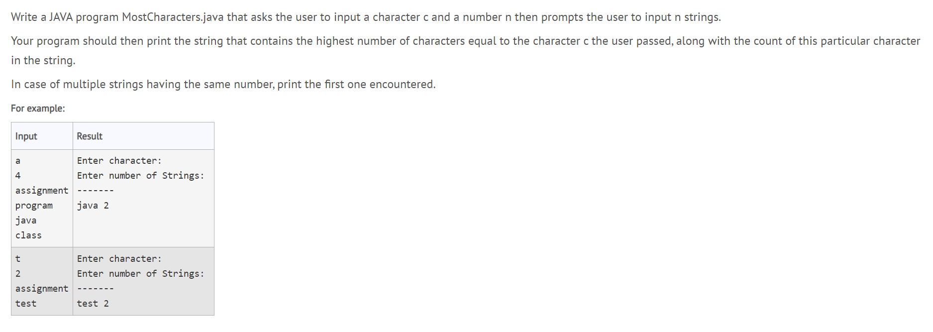Write a JAVA program MostCharacters.java that asks the user to input
