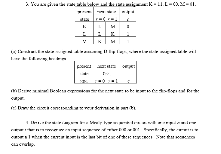  You are given the state table below and the state assignment