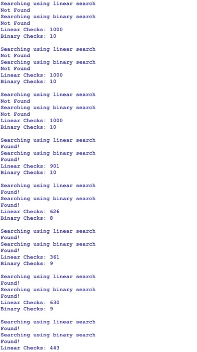 numbers (between 0-999), a number picked to search that array at random,