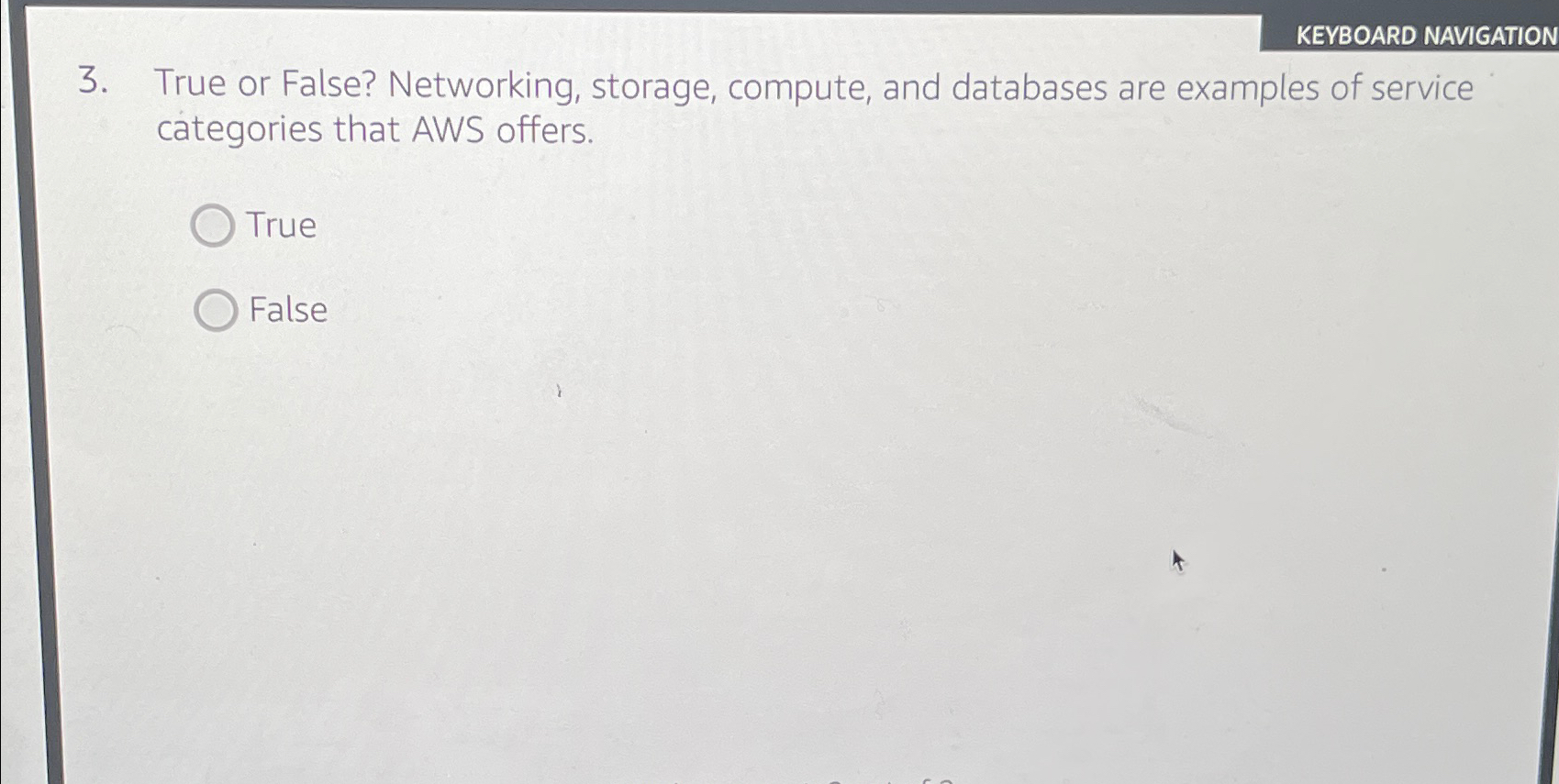 KEYBOARD NAVIGATION 3. True or False? Networking, storage, compute, and databases