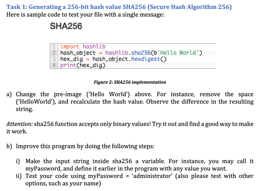 Task 1: Generating a 256-bit hash value SHA256 (Secure Hash Algorithm