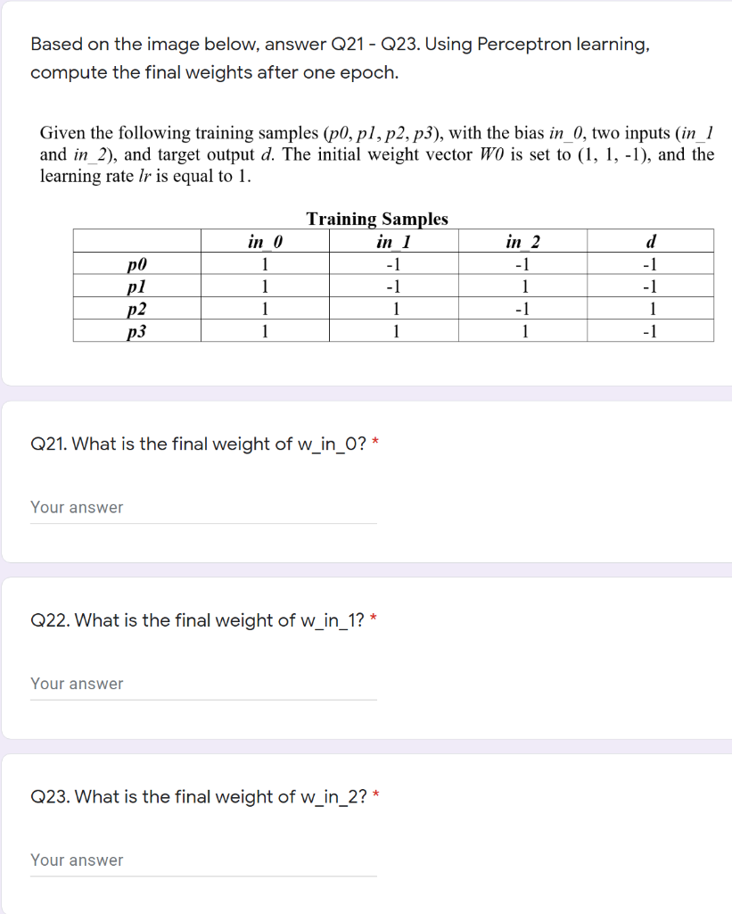 Machine learning Based on the image below, answer Q21 - Q23. Using