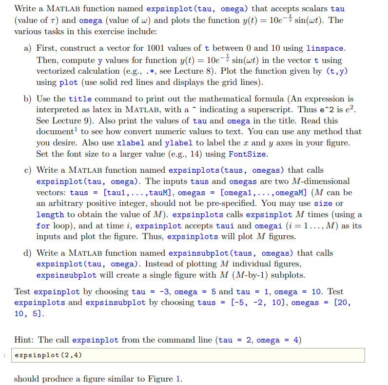 Write a MATLAB function named expsinplot(tau, omega) that accepts scalars tau